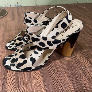 Yves Saint Laurent Heeled‎ Sandals Size 39.5 Leopard Print Canvas Wood Heel